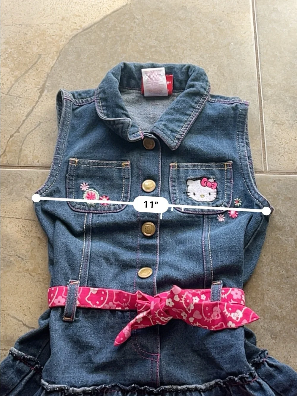 Sanrio Hello Kitty Denim Dress Girls SZ 6 Ruffle Hem Pink Belt Kawaii y2k